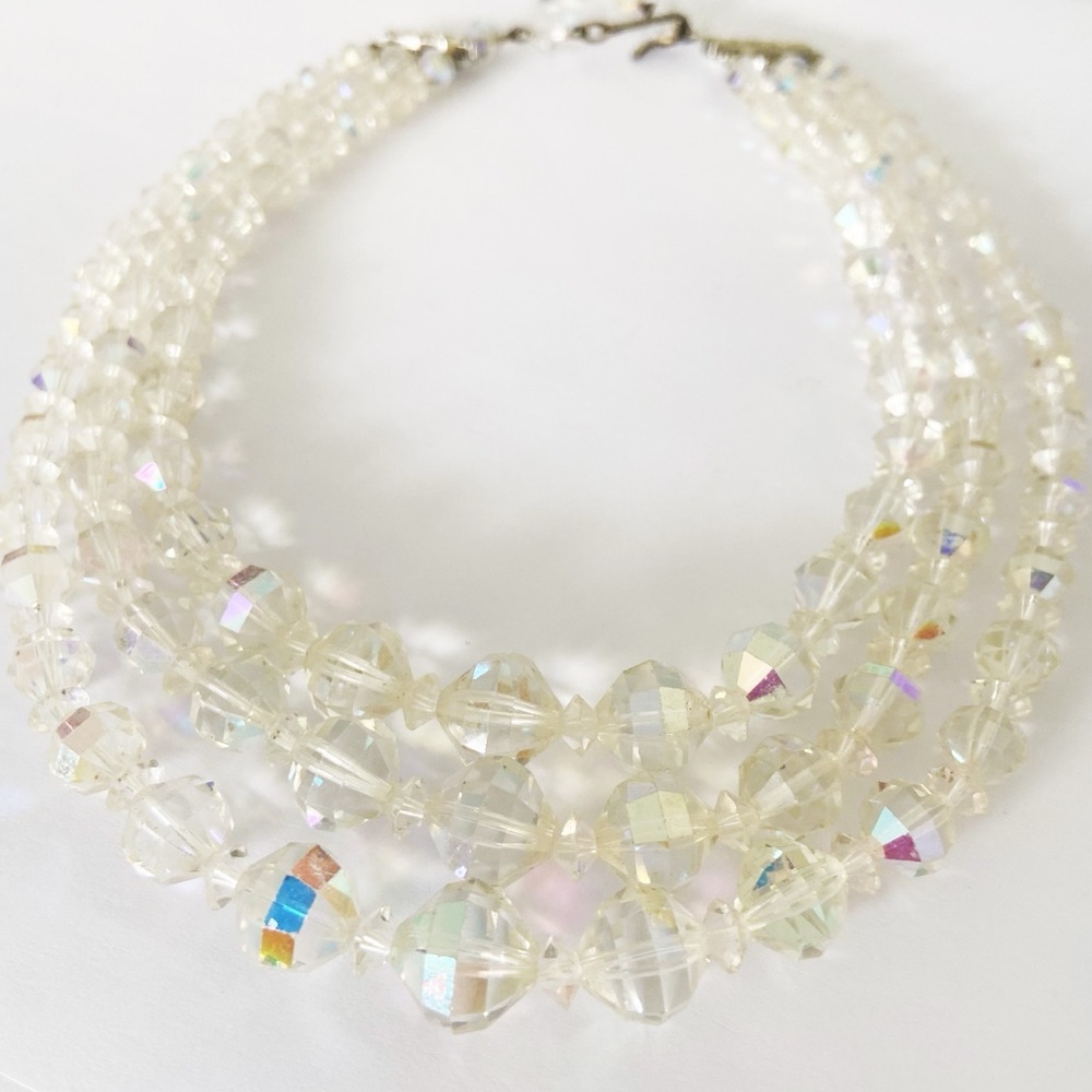 Vintage Laguna ab crystal 3 strand beaded necklace 14-17”
